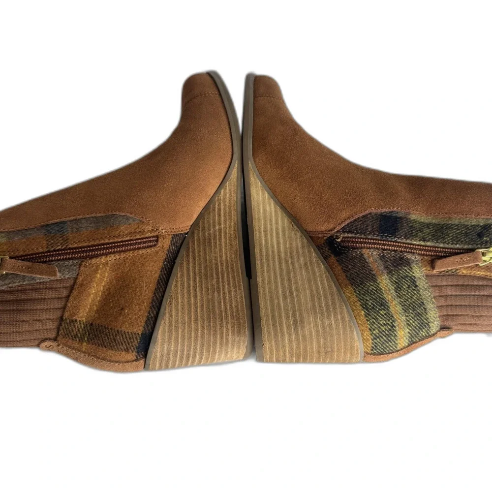 TOMS Boots Womens Size 9 Brown Suede‎ Wedge Ankle Booties Plaid Panel Side Zip